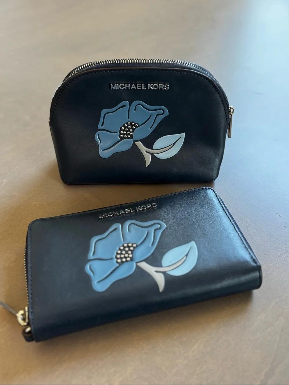 Michael Kors Navy Leather Floral Applique Cosmetic Case